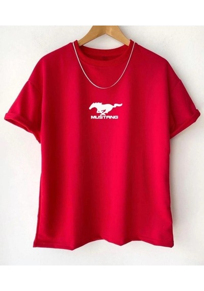 Hırsch Unisex Oversize Kırmızı Bisiklet Yaka Mustang Baskılı T-shirt Kirmizi