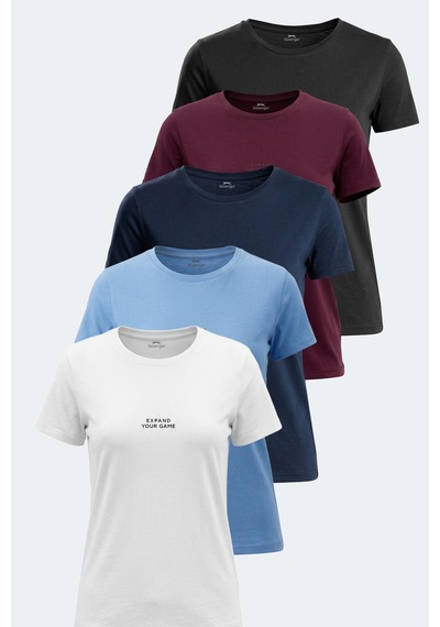Slazenger Paytons 5 Li Set Kadın Tişört Ekru - Siyah - Koyu Gri - Mürd