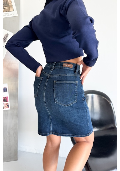 HLT Jeans Kadın Koyu Mavi Yıkamalı Regular Fit Yüksek Bel Orta Boy Likralı Denim Kot Etek Alice-4006