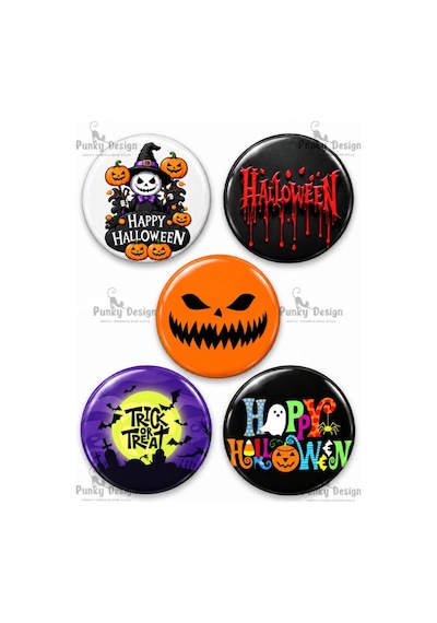 Punky Design Cadılar Bayramı Halloween Temalı 15 Li Rozet Seti- 44 Mm Kedi Cadı Hayalet Desenli Yaka Çok Renkli