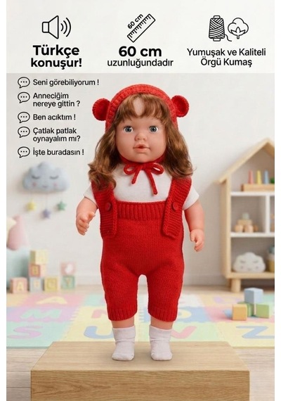 Konuşan Bebeğim 60 Cm Türkçe Konuşan Örgü Tulum Ve Şapkalı Kafası Bacakları Kolları Et Oyuncak Bebek