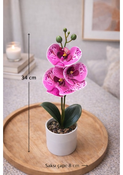 Yapay Orkide Saksılı 34 Cm 3 Başlı Dekoratif Çiçek Gerçek Görünümlü Phalaenopsis Orkide