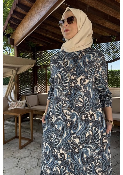 Rabia Şamlı Rengin Şal Desenli Gömlek Elbise Mavi Normal