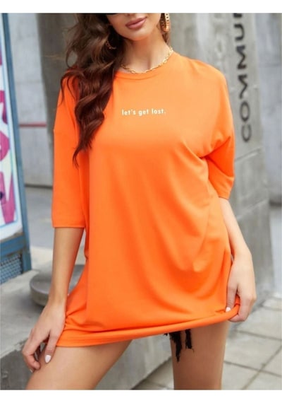 Let's Get Lost T-shirt - Turuncu Baskılı Oversize Bisiklet Yaka Kısa Kol Turuncu