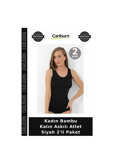 Carlburn Delux Serisi Kadın Bambu Kalın Askılı Atlet Siyah 2'li Paket Terletmeyen Avantajlı Set Pratik Giyim