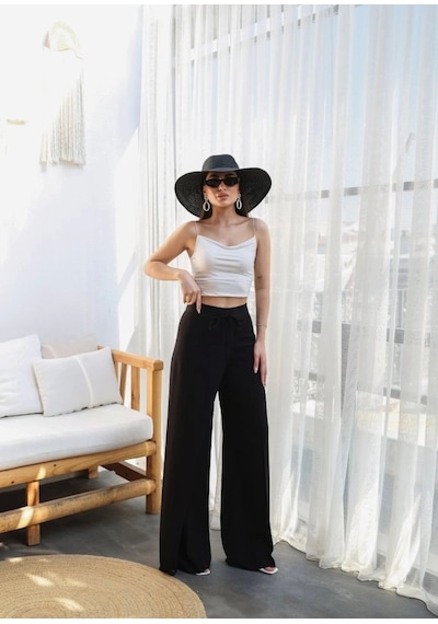 Defymoda Keten Önü Çapraz Parçali Lasti Kli Ve Bağcikli Geni Ş Paça Pantolon Siyah