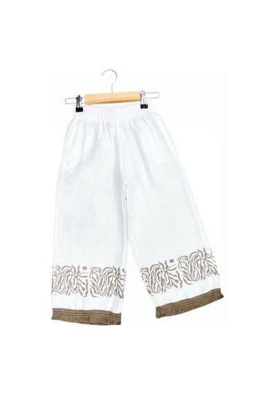 Çikoby Kız Çocuk Baskılı Etnik Desenli Müslin Bol Paça Pantolon-15687 Ekru