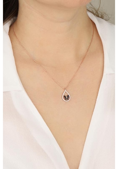 Damla Taşlı Siyah Kelebek Gümüş Kolye Rose Gold