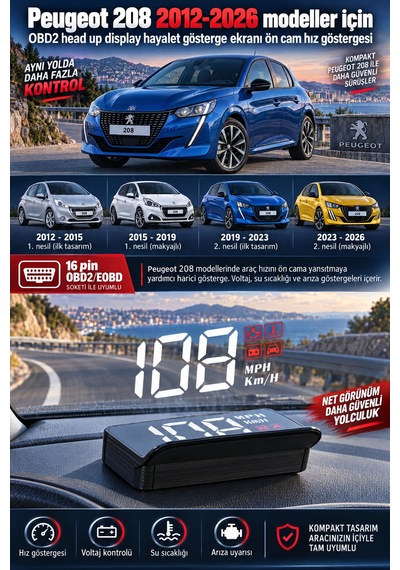 Peugeot 208 2012-2026 Modeller İçin Obd2 Head Up Display Hayalet Gösterge Ekranı Ön Cam Hız Göstergesi