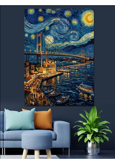 Van Gogh Tarzı Köprü Ve Galata Ve Yıldızlı Gece Dekoratif Kanvas - Mdf Ahşap Tablo Çok Renkli