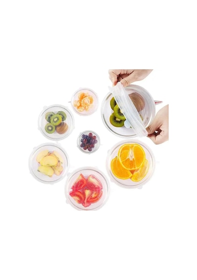 Silikon Streç Kapak Seti, Gıda Saklama Kabı Kapağı, Plastik, Çok Renkli, 6'lı Set, Elde Yıkanabilir Beyaz - Çok Renkli