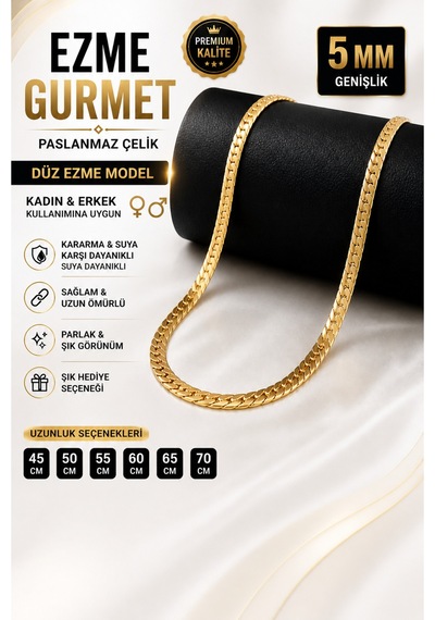 Gümüş Kaplama 316 L Paslanmaz Çelik Kz-101 Ezme Gurmet Sık Örme İtalyan Model Zincir Kolye 5 Mm Gold Altın