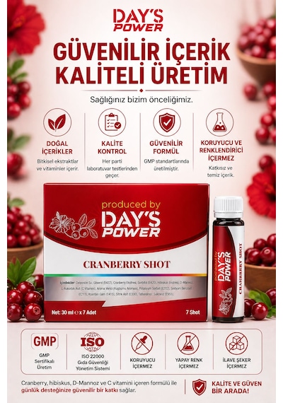 Day S Power Cranberry Shot 7 Adet - D-mannose & Hibiskus & Vitamin C Destekli