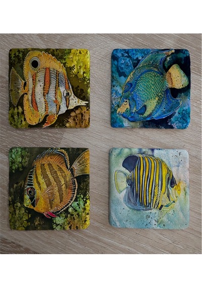Renkli Balıklar Doğal Taş Bardak Altlığı 4'lü Set - Natural Stone Coasters - Taş Çok Renkli
