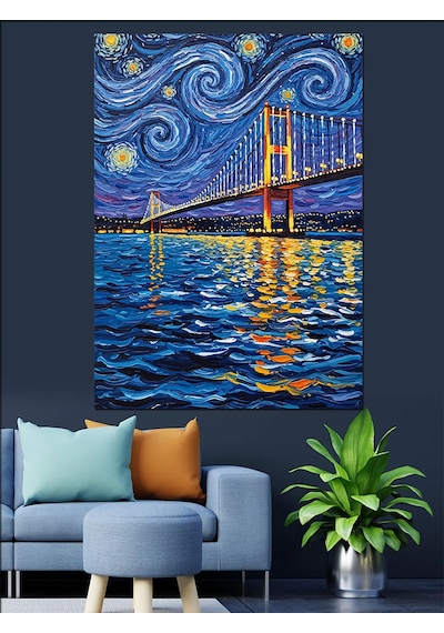 Van Gogh Yıldızlı Gece Köprü Soyut Dekoratif Kanvas - Mdf Ahşap Tablo