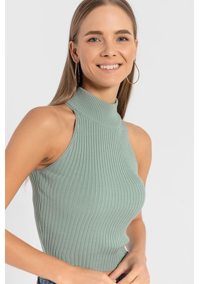 Miss Poem Kadın Kolsuz Slim Fit Boğazlı Fitilli Kısa Antrasit Triko Crop Yeşil