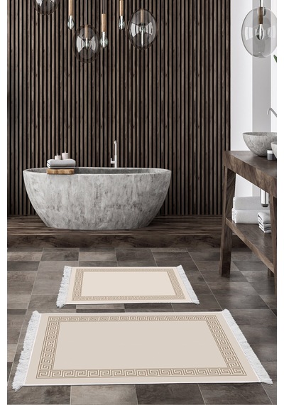 Dekoreko Kaymaz Taban Djt 2 Li Banyo Paspas Takımı Trend Saçaklı Modern Kt493 krem