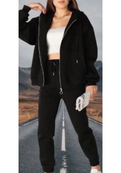 Trove Amor Woman Kapüşonlu Tam Fermuarlı 4 Iplik Çok Kalın Yeni Stil Oversize Kadın Kışlık Eşofman Takımı Siyah
