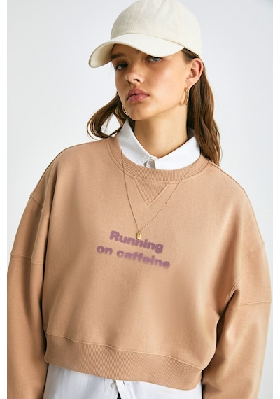 Grımelange DANBİ Kadın Crop Örme Kumaş Yuvarlak Yaka Uzun Kol Kahverengi Sweatshirt