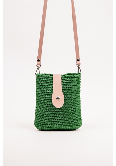 Fabric Craft Bag Çapraz Askılı Kadın Omuz Çantası Floş İplik Örgü Küçük Çanta Yeşil - Pembe