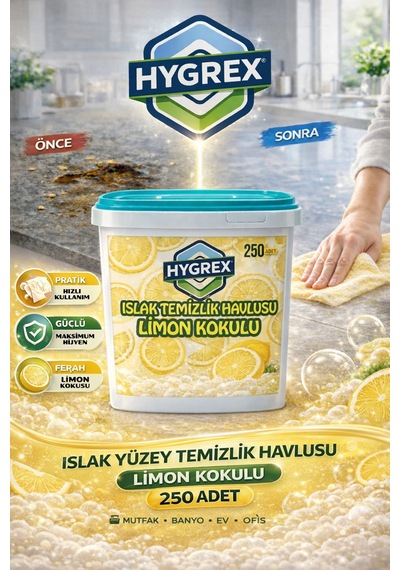 Hygrex Limon Kokulu Yüzey Temizlik Havlusu Islak Kova Mendil 250 Adet Ev Ofis Tüm Yüzeyler Kovalı Mendil Beyaz