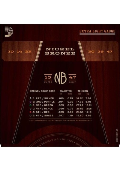 D'addario Nb1047 Nickel Bronze Akustik Gitar Tel Seti - 10-47 Extra Light Profesyonel Kaplanmamış Premium Alaşım, Gitarın Doğal Ahşap Tonunu Öne Çıkarır, Berrak Ve Odaklanmış Ses