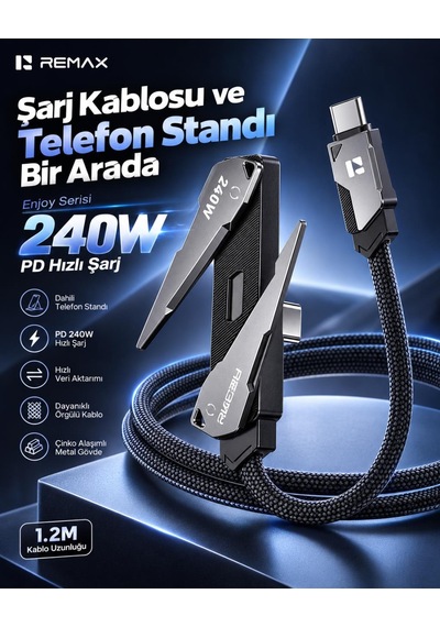 Remax Cb53-cc Enjoy Serisi 240w Pd Type-c To Type-c Telefon Standlı Hızlı Şarj Ve Data Kablosu 1.2 Metre Siyah