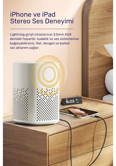 Lightning - 3.5mm Aux Ses Kablosu 1.5 Metre, Trrs 4 Kutuplu Mikrofon Destekli İphone İpad Uyumlu, Kulaklık Hoparlör Araç Ses Adaptörü, Örgülü Altın Kaplama A578e