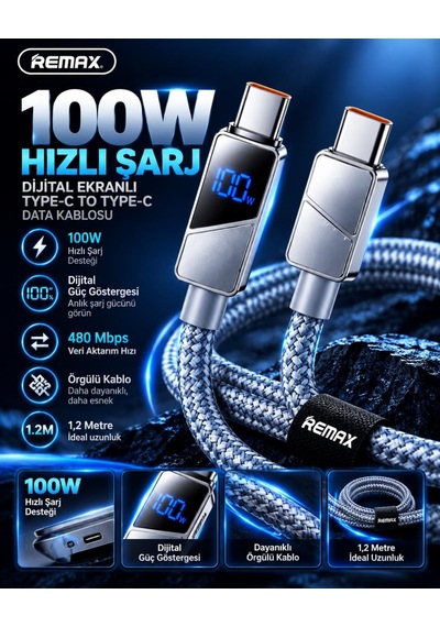 Remax Cb02-cc 100w Dijital Ekranlı Hızlı Şarj Ve Data Kablosu Type-c To Type-c 1.2 Metre Gri