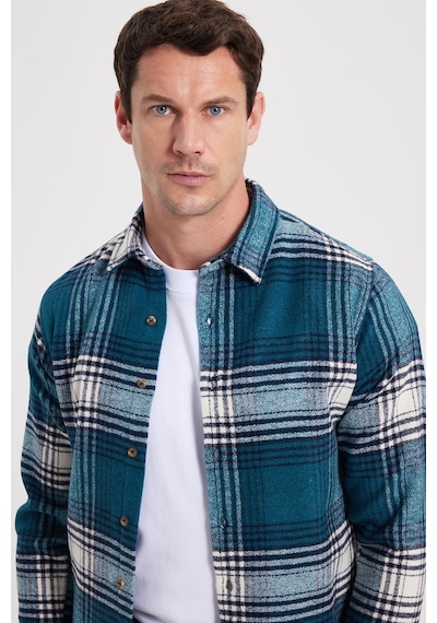 Tudors Erkek Slim Fit Dar Kesim Kareli Kışlık Oduncu Gömlek-42374 Petrol