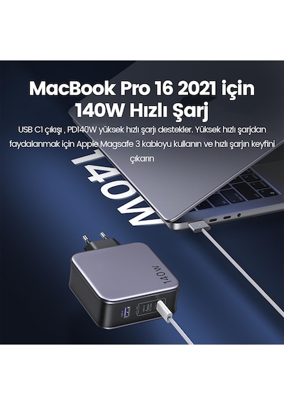 Ugreen Nexode 140W USB Type-C QC 4.0 PD 3.1 GaN 3 Portlu Hızlı Şarj Cihazı