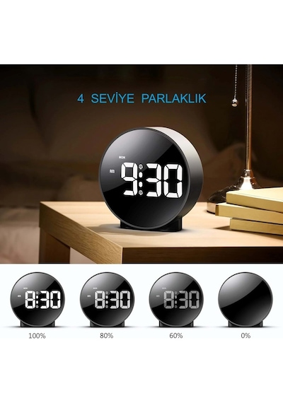 Siyah Yuvarlak Led Dijital Masa Saati Usb Güçlü Alarm Ve Snooze Özellikli Büyük Ekran Masaüstü Saat