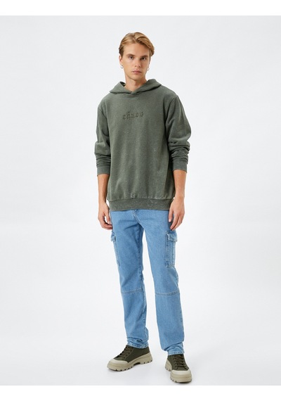 Koton Kapşonlu Sweatshirt Slogan İşlemeli Ribanalı Uzun Kollu Şardonlu Haki 4wam70274mk Haki