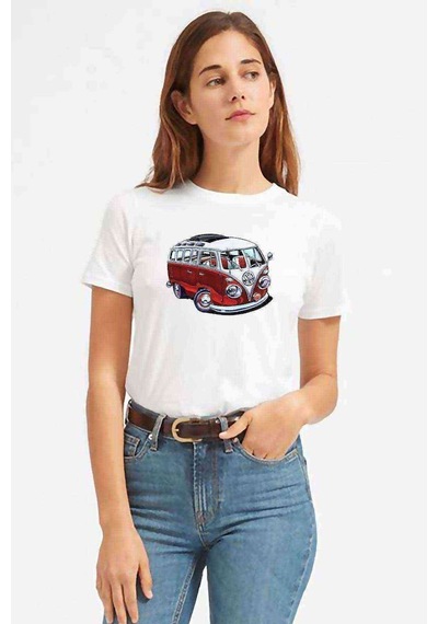 Wv Wosvos Karavan Minibüs Baskılı Beyaz Kadın Tshirt