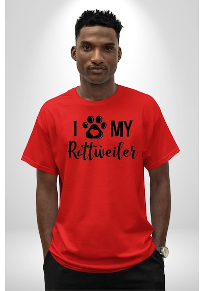 Köpek Sevgisi Rottweiler Pamuklu Bisiklet Yaka Unisex Oversize Boyfriend Dijital Baskılı Kırmızı T-shirt Kırmızı