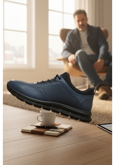 Enoch Hakiki Deri Lacivert Lastikli Erkek Sneaker Ortopedik Taban Lacivert