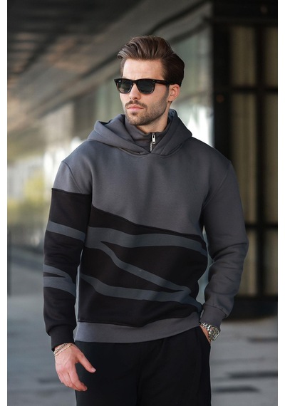 Madmext Füme Kapüşonlu Fermuar Yaka Desenli Erkek Sweatshirt E7162 Füme