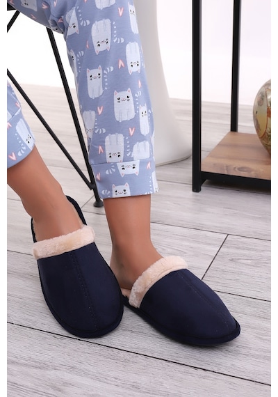 Wordex U050 Unisex Kışlık Ev İçi Terliği Kürklü Yünlü Terlik Lacivert