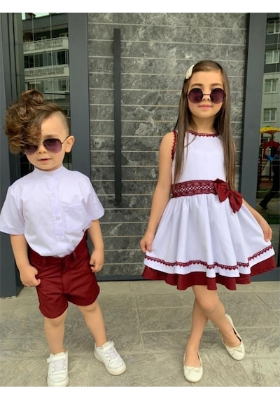 Modavals Kardeş Kombin Keten Şortlu Erkek Çocuk Takım Bordo