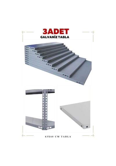 3 Adet Galvaniz Çelik Raf Tablası - Depo, Arşiv, Kiler, Dosya, Market Rafı 43x60 Cm-0.70 Mm