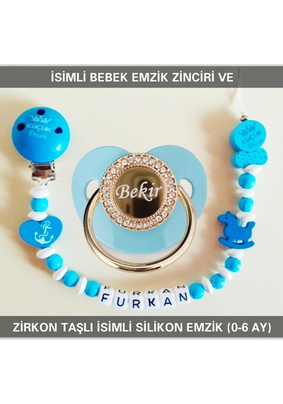 Sahi Aksesuar İsimli Bebek Emzik Zinciri ve İsimli Bebek Silikon Emzik (0-6 Ay Bebek Mavisi - Bej