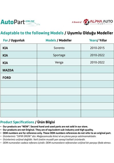 Ford, Mazda, Kia, Honda İçin Davlumbaz Klipsi- 10'lu