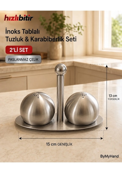 Bymyhand Paslanmaz Çelik Stantlı Yuvarlak İnox Ev Lokanta Ve Restoran İçin Tuzluk Ve Karabiberlik 2' Metalik Gri