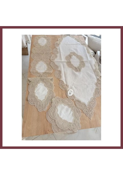 Storeşahin Salon Takımı Bellisima Çeyizlik Kreme Kapi Runner Set 5 Parça Keten Ranır Masa Sehpa Konsol Örtüsü Shn0720