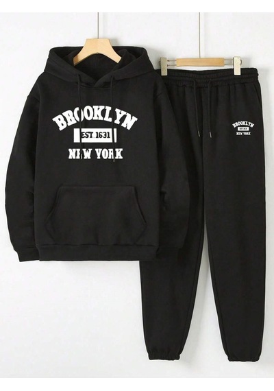 Siyah Brooklyn New York Baskılı Kapüşonlu Sweatshirt Ve Eşofman Altı Eşofman Takımı Siyah Siyah Brooklyn New York Baskılı Kapüşonlu Sweatshirt Ve Eşofman Altı Eşofman Takımı Siyah