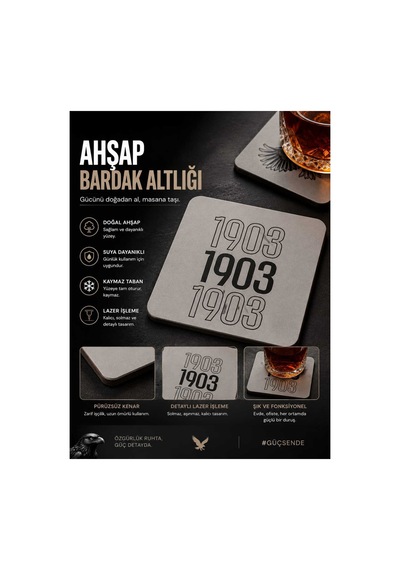 Beşiktaş Lisanslı Ahşap Bardak Altlığı Beyaz