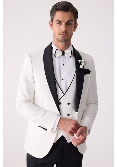 Ysf Erkek Beyaz Damatlık Slim Fit Kırlangıç Yaka Desenli