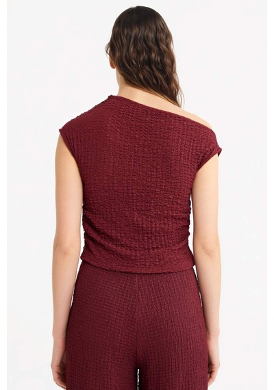 Defacto Slim Fit Dar Kesim Tek Omuzlu Bürümcük Bluz G2703ax25aubr237 Bordo