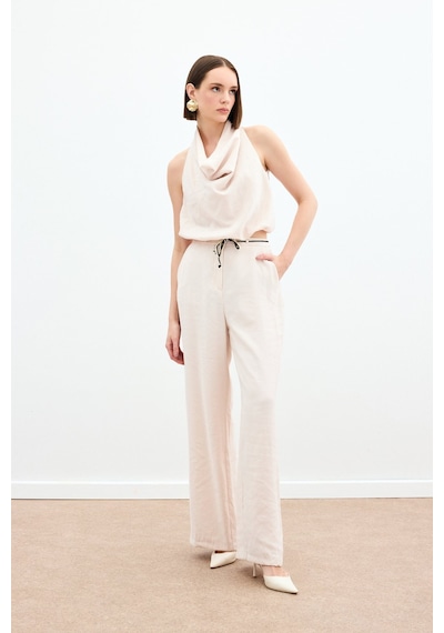 Sateen Örgü Kemerli Pantolon - Bej-136169 Bej