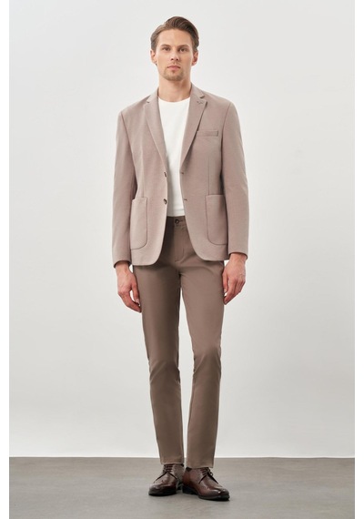 İmza Koyu Vizon Kazayağı Desen Örme Mono Yaka 2 Düğme 6 Drop Slim Fit Classic Ceket 1002245166 405 Koyu Vizon